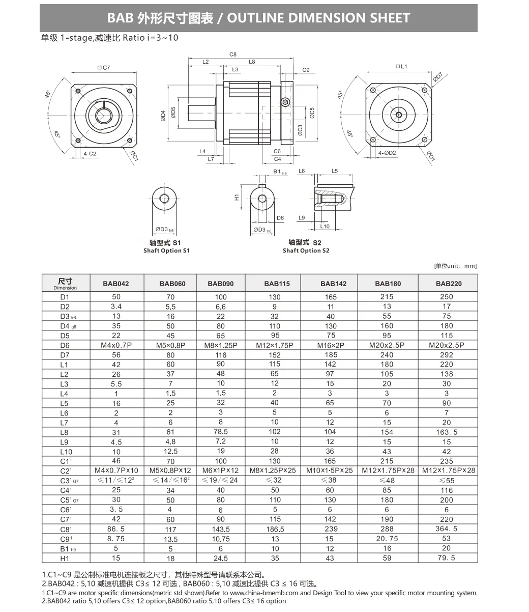 BAB Series Planetary Gearbox（1-stage） Dimension 1