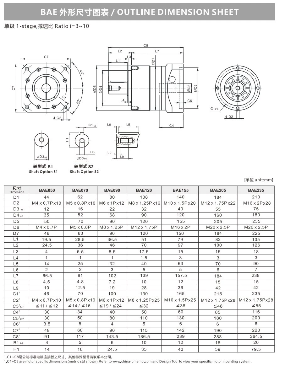 BAE Series(1 stage) Planetary Gearbox Dimension
