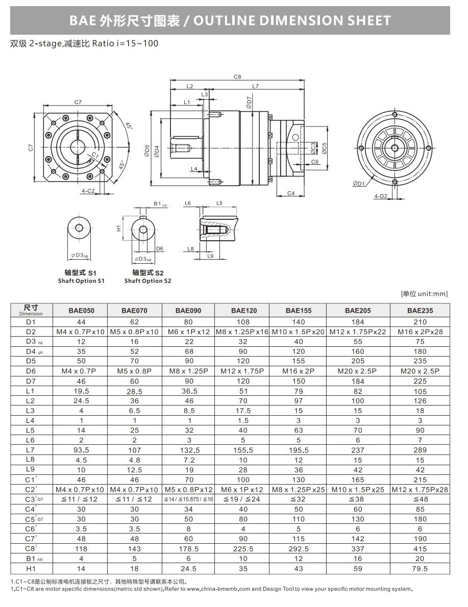 BAE Series(2 stage) Planetary Gearbox Dimension
