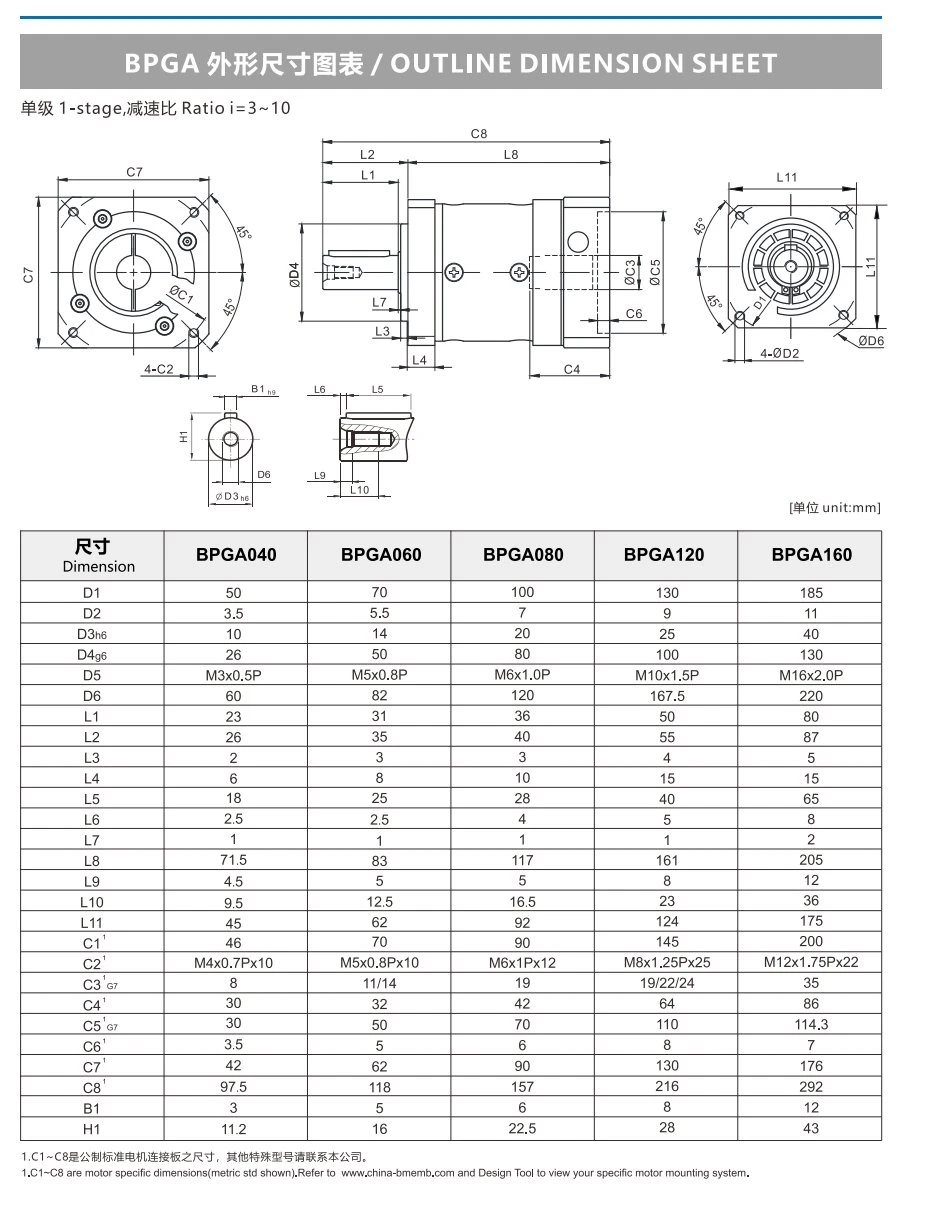BPGA Series(1 stage) Planetary Gearbox Dimension