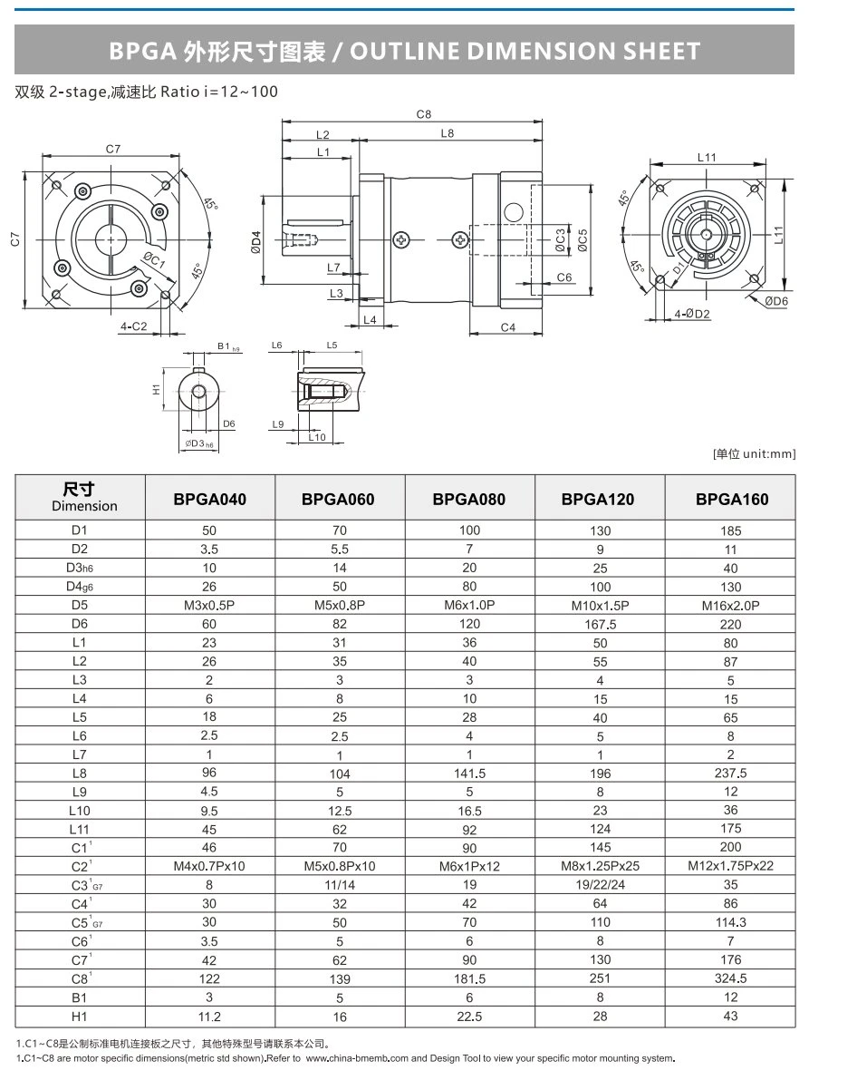 BPGA Series(2 stage) Planetary Gearbox Dimension