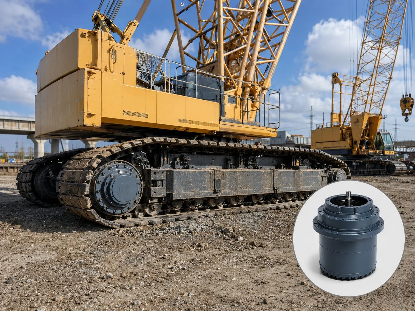 Track drive planetary gearbox for crawler cranes — heavy-duty travel drive moving lattice boom crawler crane at controlled speed