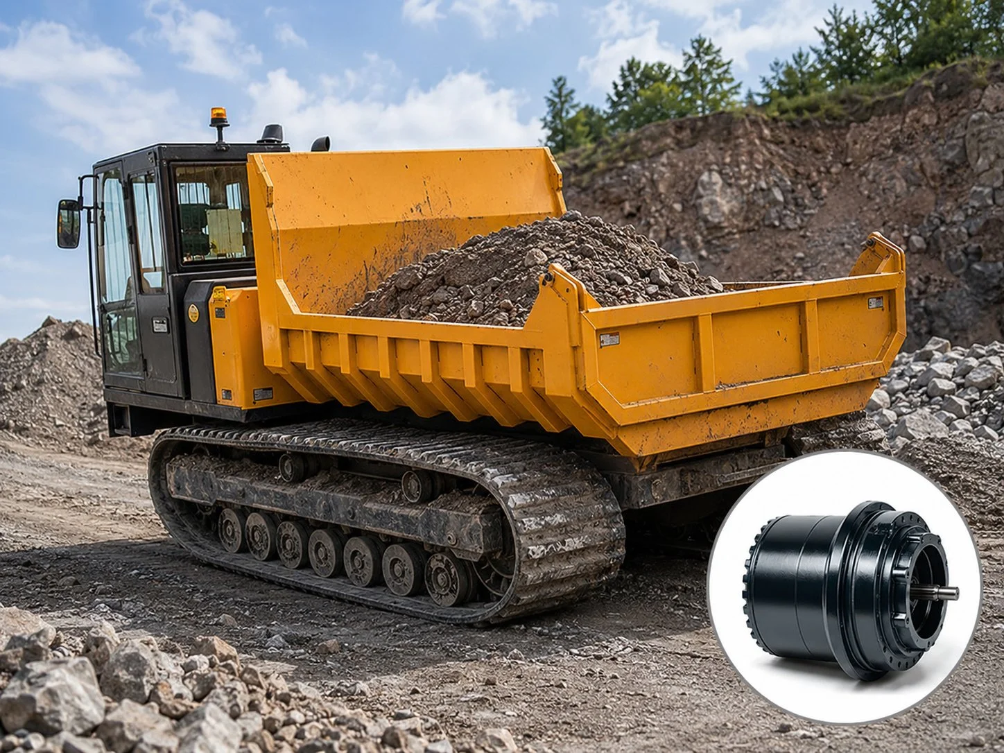 Track drive planetary gearbox for dump trucks — tracked hauler final drive carrying full payload up soft-ground haul road