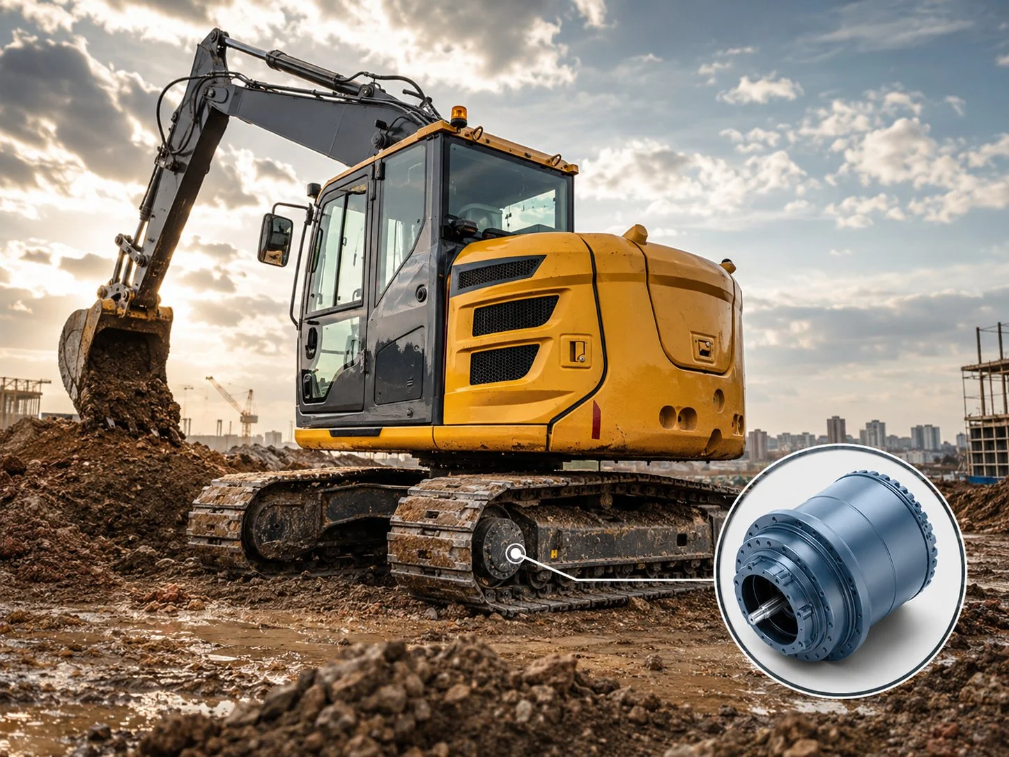 Caixa de engrenagens planetárias para acionamento por esteiras de escavadeiras. Track drive planetary gearbox for excavators — hydraulic final drive unit converting motor torque to sprocket propulsion
