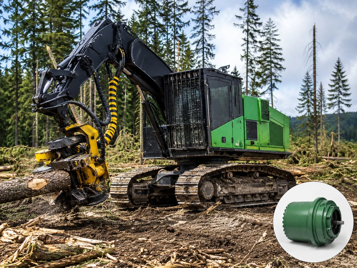 Track drive planetary gearbox for feller bunchers — forestry-grade final drive operating on steep slope with root-strewn terrain