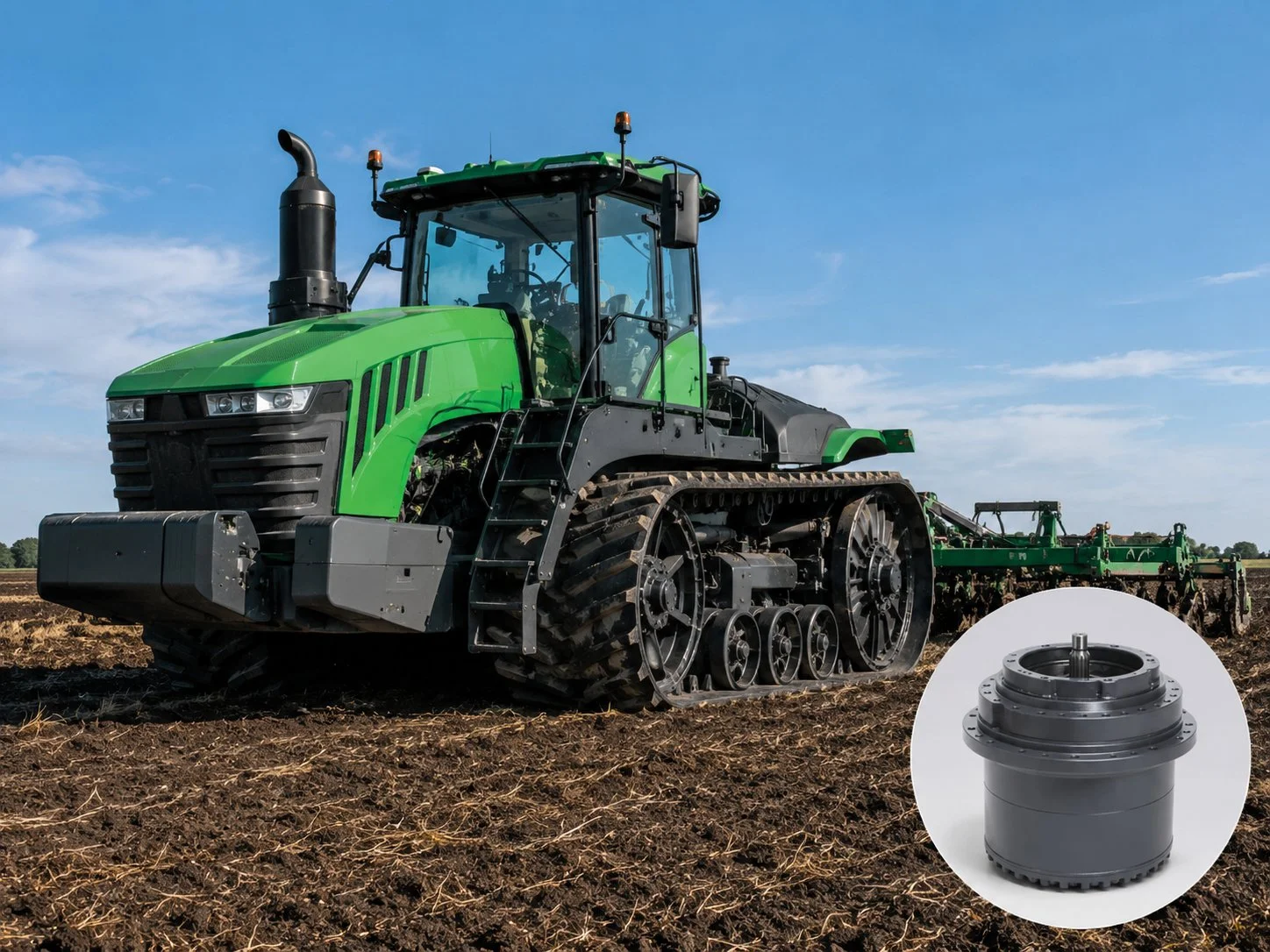 Track drive planetary gearbox for crawler tractors — low ground pressure final drive for agricultural and utility applications